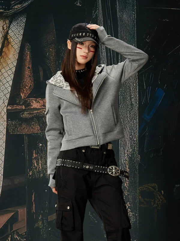 Leopard Print Layered Zip Up Hoodie 4
