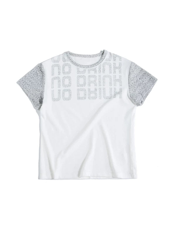 6100165656425,6100165656426,6100165656427, Leopard Print Patchwork Slogan T-Shirt