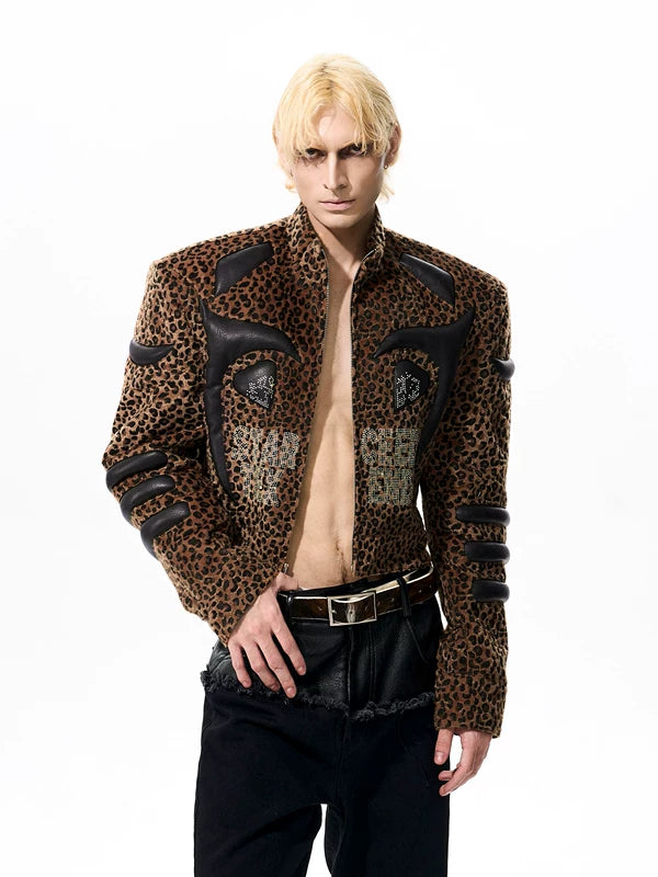 Leopard Print Rhinestone Leather Patchwork Jacket 2