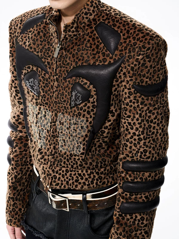 Leopard Print Rhinestone Leather Patchwork Jacket 3