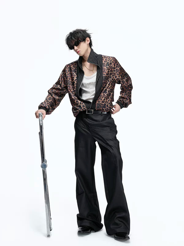 Leopard Print Stand Collar Striped Jacket 1