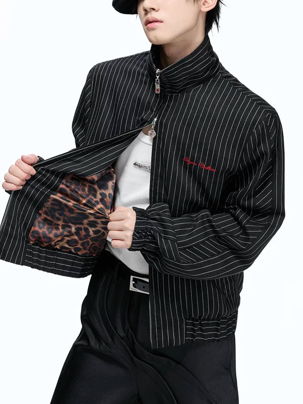 Leopard Print Stand Collar Striped Jacket 2
