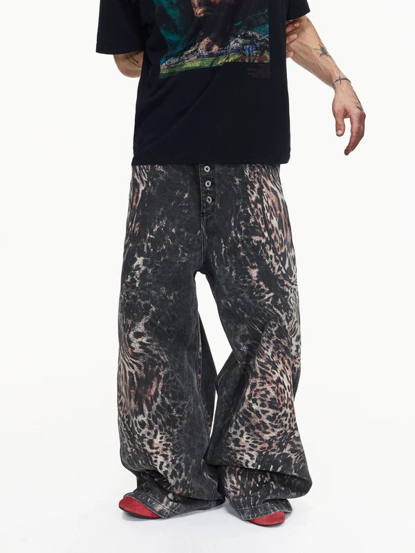 Leopard Print Wide Leg Distressed Jeans Pants 1