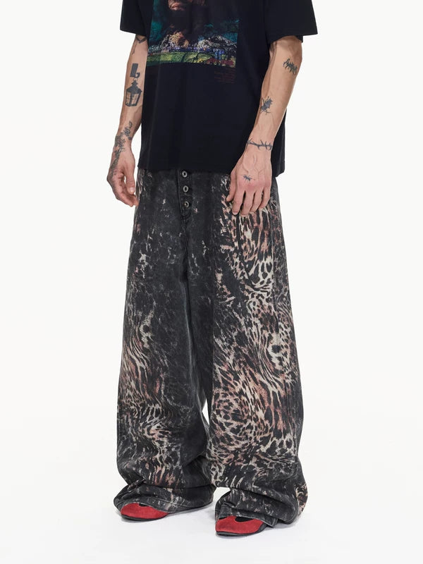 Leopard Print Wide Leg Distressed Jeans Pants 2