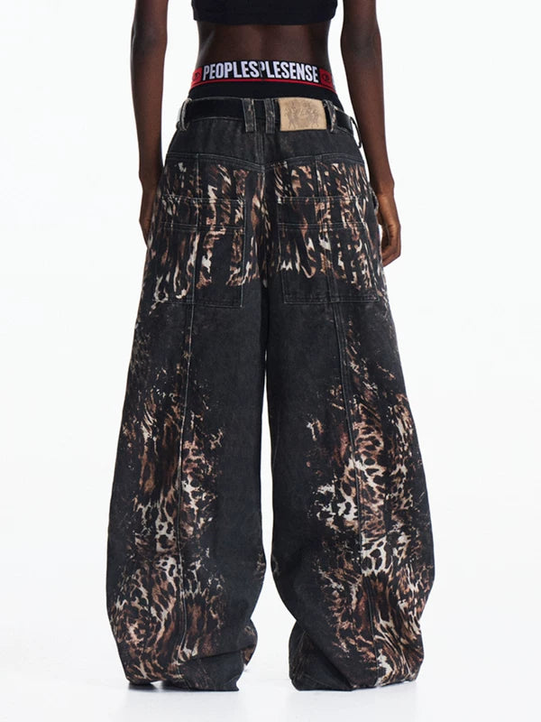 Leopard Print Wide Leg Distressed Jeans Pants 3