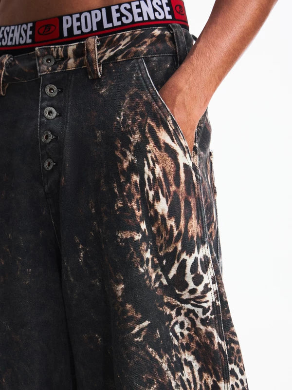 Leopard Print Wide Leg Distressed Jeans Pants 4
