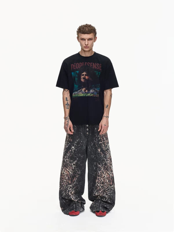 Leopard Print Wide Leg Distressed Jeans Pants 5