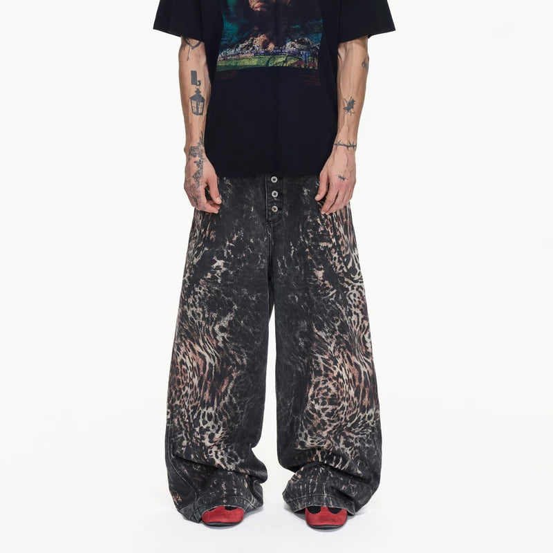 6112993530137,6112993530138,6112993530139,6112993530140,6112993530141, Leopard Print Wide Leg Distressed Jeans Pants