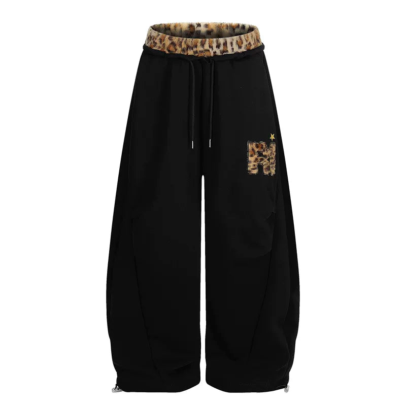 6032013596222,6032013596223,6032013596224,6032013596225, Leopard Trim Wide Leg Fleece Sweatpants