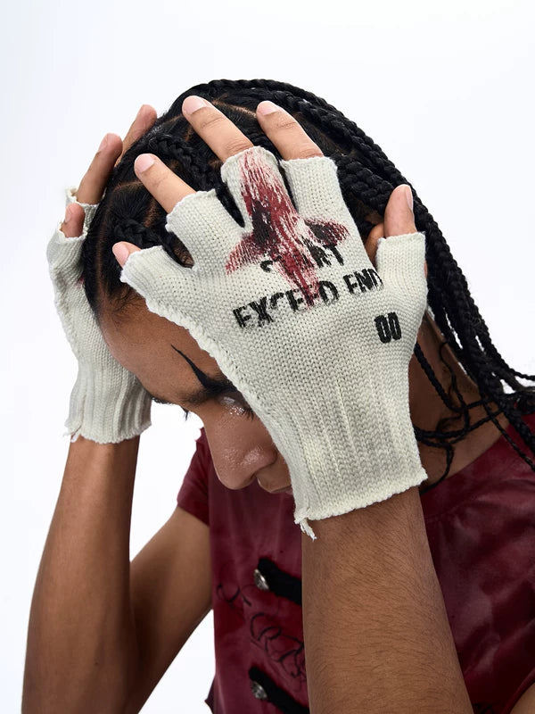 Letter Print Distressed Half-Finger Knitted Gloves 2