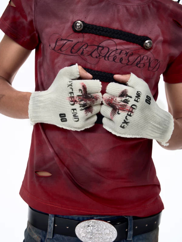 Letter Print Distressed Half-Finger Knitted Gloves 3