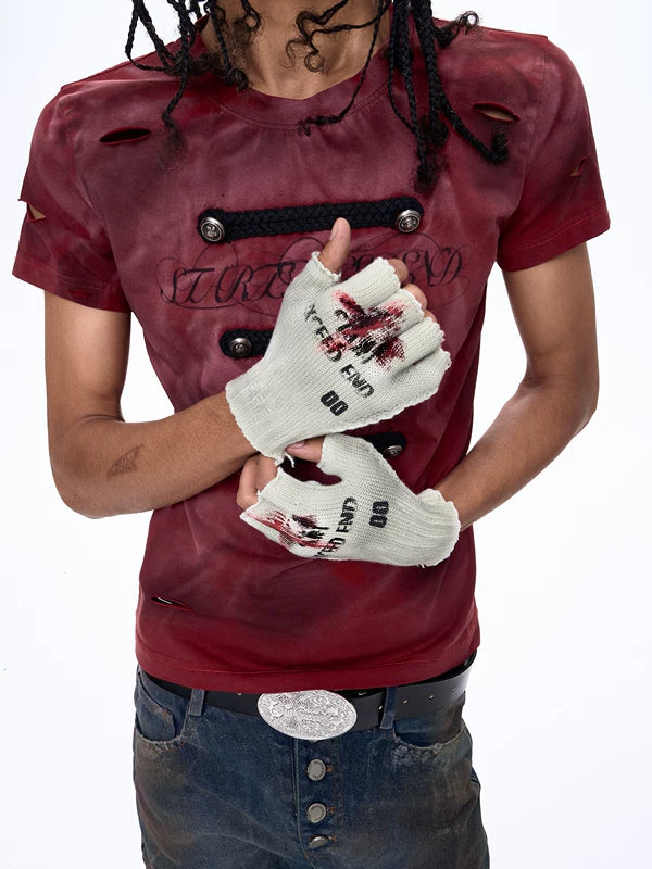 Letter Print Distressed Half-Finger Knitted Gloves 4