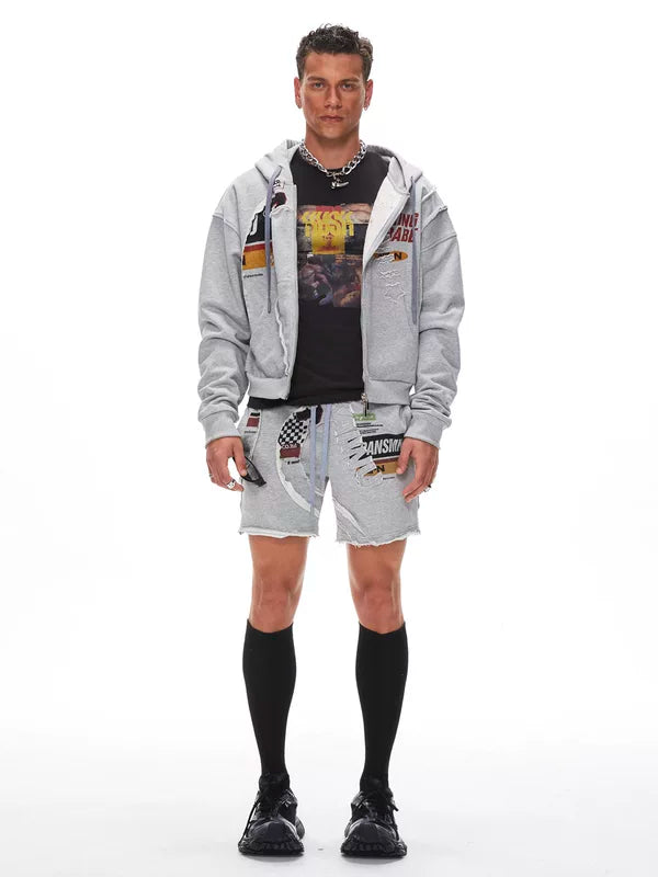Letter Print Hooded Sweatshirt Shorts Set 1