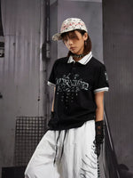 Letter Print Studded Short-Sleeve Polo Shirt 1