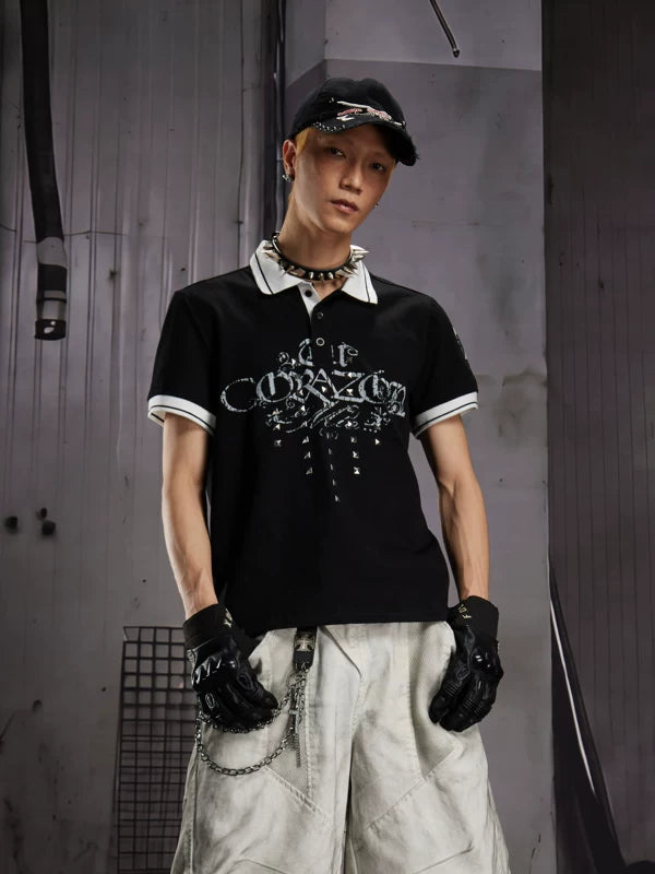 Letter Print Studded Short-Sleeve Polo Shirt 2