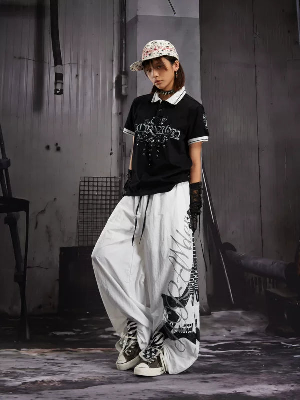 Letter Print Studded Short-Sleeve Polo Shirt 4