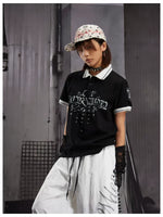 6261848531847,6261848531848,6261848531849, Letter Print Studded Short-Sleeve Polo Shirt