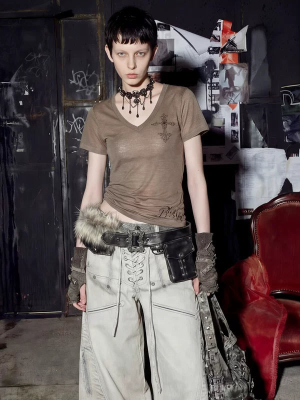 Lightweight Sheer Printed Lyocell V-Neck T-Shirt 1