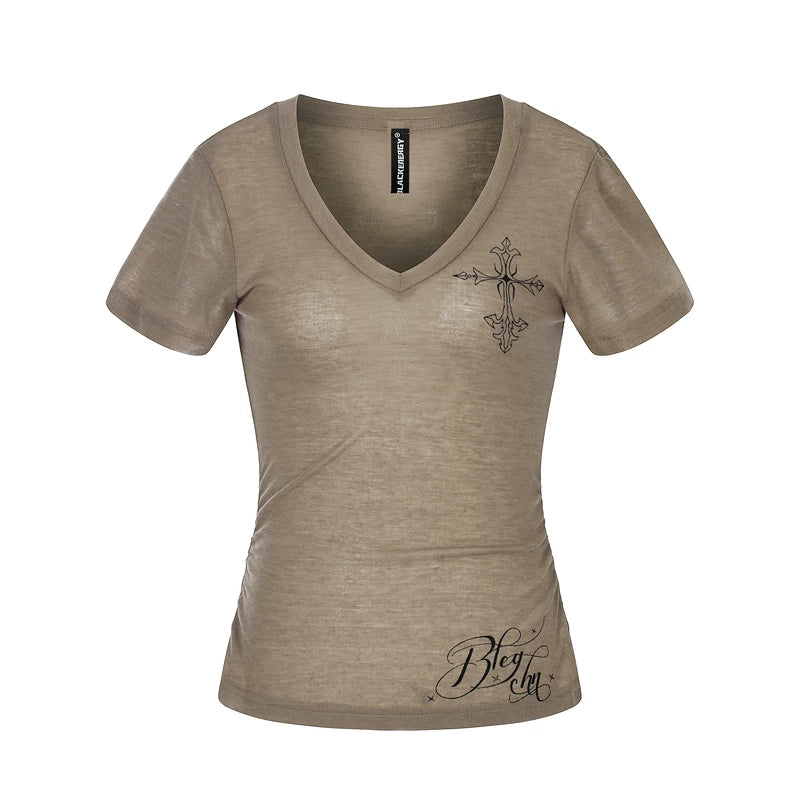 6230265098569,6230265098571,6230265098573, Lightweight Sheer Printed Lyocell V-Neck T-Shirt