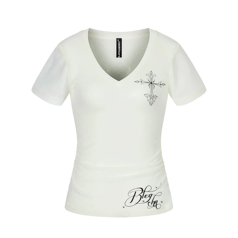 6230265098570,6230265098572,6230265098574, Lightweight Sheer Printed Lyocell V-Neck T-Shirt