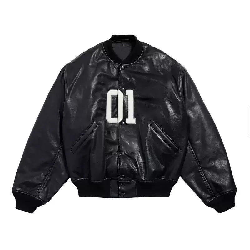 Logo “01” Leather Varsity Flight Jacket 2