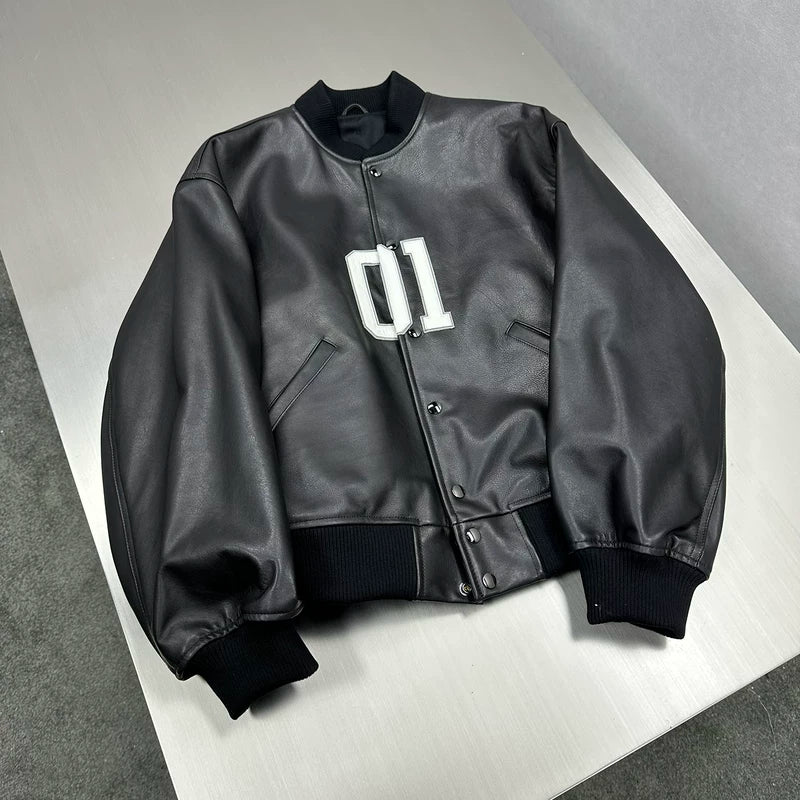 Logo “01” Leather Varsity Flight Jacket 3