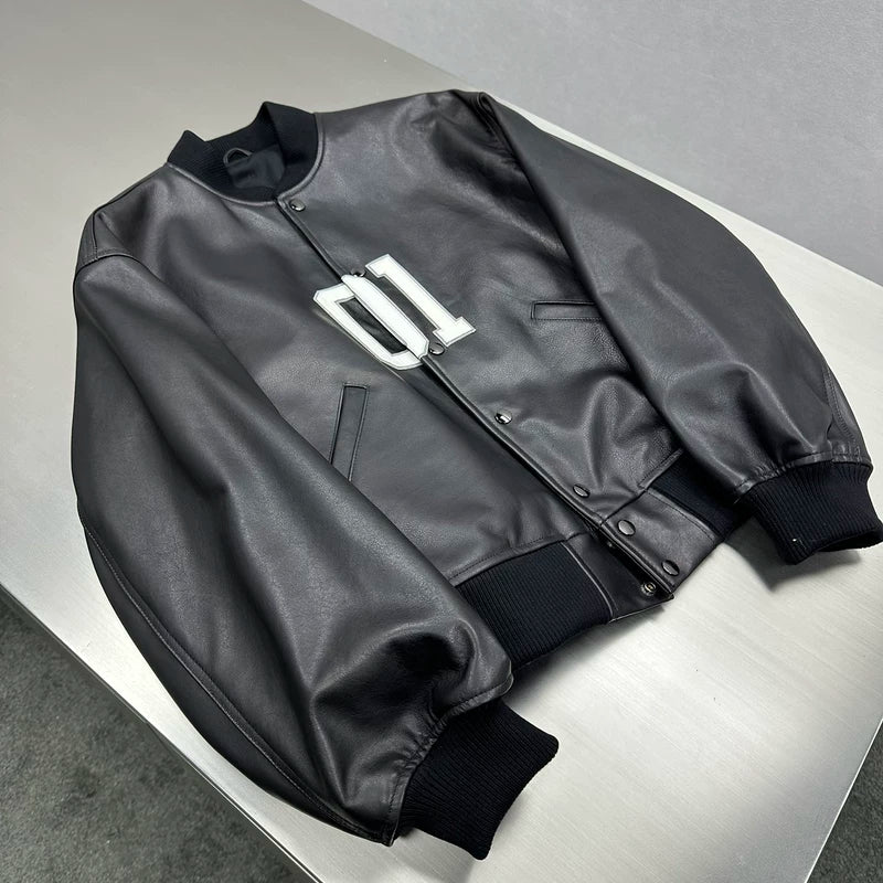 Logo “01” Leather Varsity Flight Jacket 4