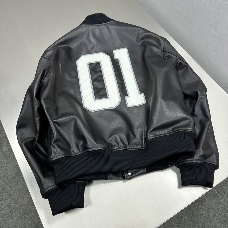 Logo “01” Leather Varsity Flight Jacket 5