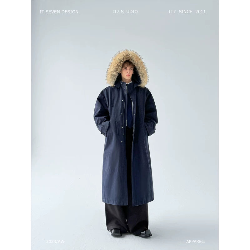 Long Oversized Cotton Coat with Fur Hood 1