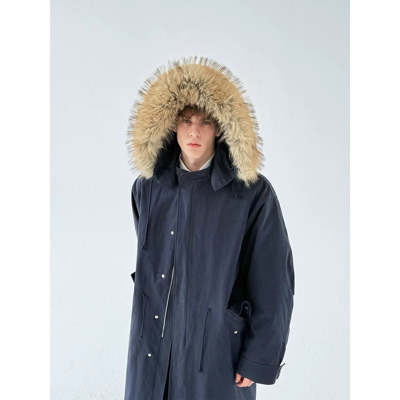 Long Oversized Cotton Coat with Fur Hood 2