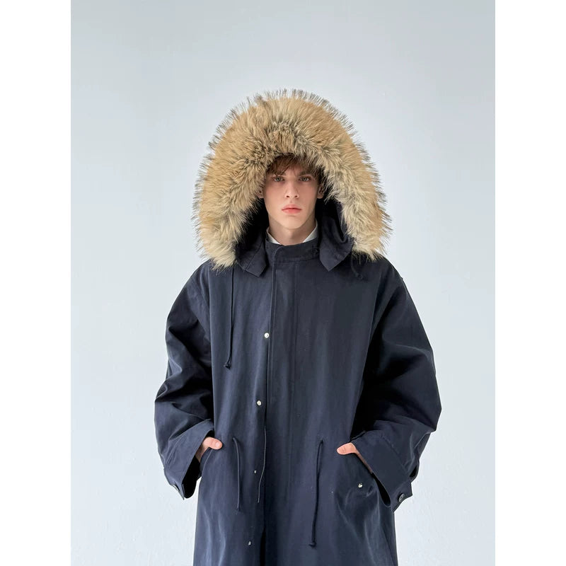 Long Oversized Cotton Coat with Fur Hood 3