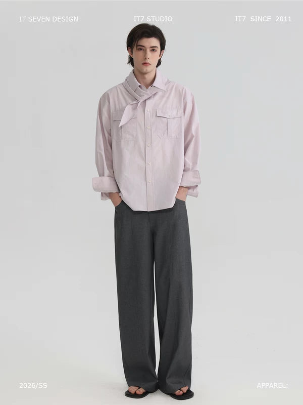 Long-Sleeve Scarf Collar Button-Down Shirt 1
