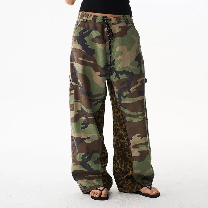 6057669744804,6057669744805,6057669744806,6057669744807, Loose Fit Camouflage Leopard Panel Cargo Pants
