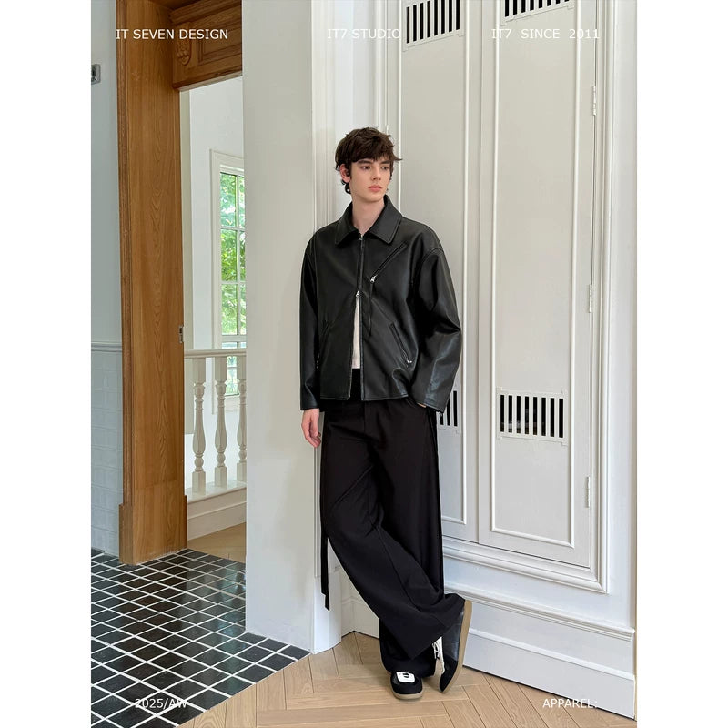 Loose Fit Double Zipper Leather Jacket 1