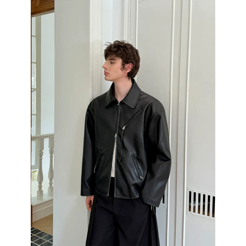 Loose Fit Double Zipper Leather Jacket 2