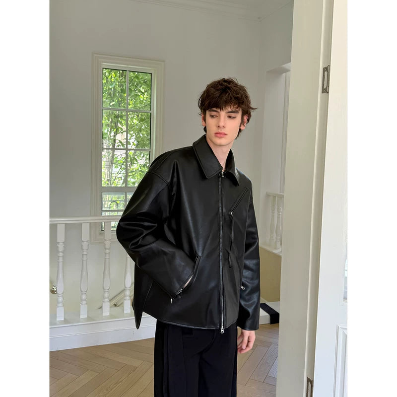 Loose Fit Double Zipper Leather Jacket 3