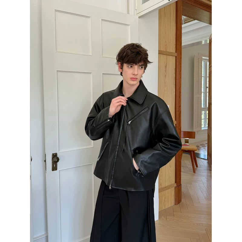Loose Fit Double Zipper Leather Jacket 4