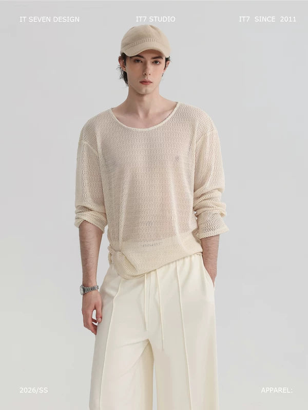 Loose-Fit Mesh Long-Sleeve Crew Neck Top 1