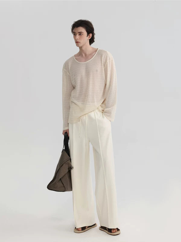 Loose-Fit Mesh Long-Sleeve Crew Neck Top 2