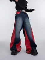Loose Fit Patchwork PU Leather Jeans 1