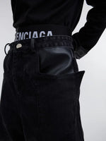 Loose Fit Patchwork PU Leather Jeans 3