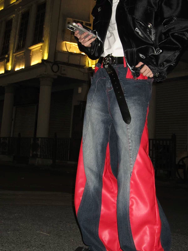 Loose Fit Patchwork PU Leather Jeans 4
