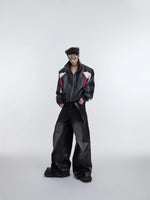 Loose Fit Patchwork PU Leather Jeans 5