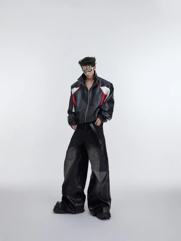 Loose Fit Patchwork PU Leather Jeans 5