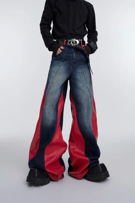 5298865878973,5298865878974,5298865878975,5298865878976, Loose Fit Patchwork PU Leather Jeans