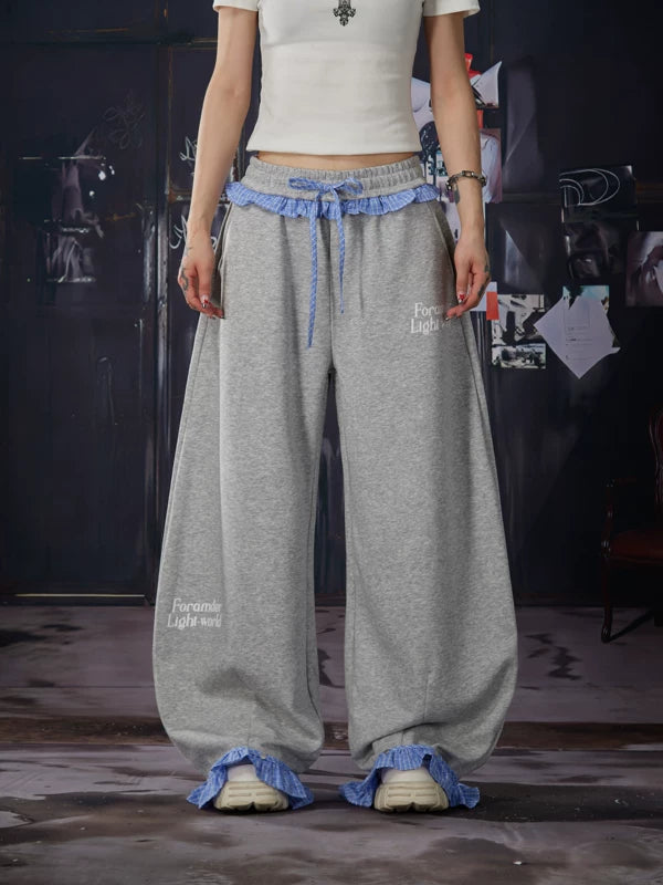Loose Fit Sweatpants with Plaid Waistband 1