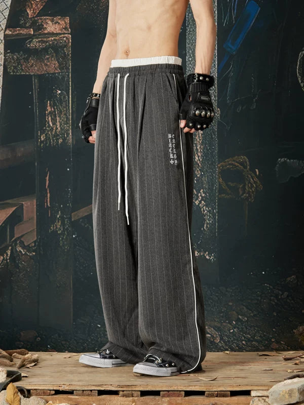 Loose Pinstripe Drawstring Sporty Casual Pants 2