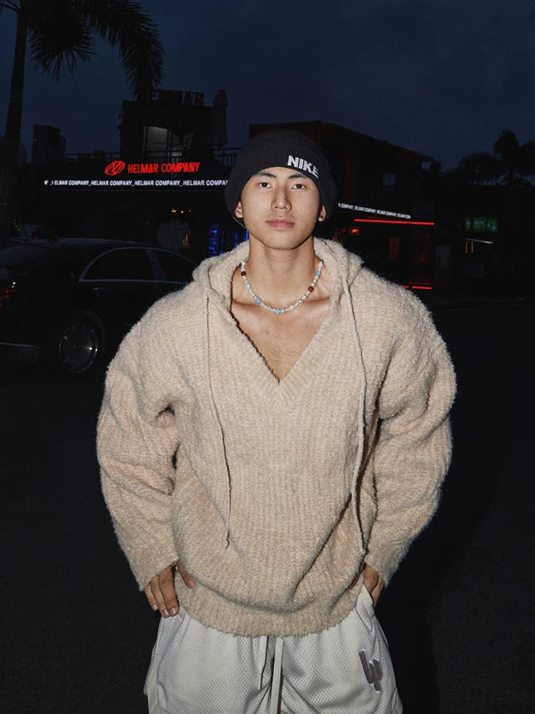 Loose Retro V-Neck Knitted Hooded Sweater 1