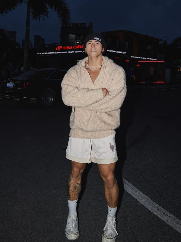 Loose Retro V-Neck Knitted Hooded Sweater 2