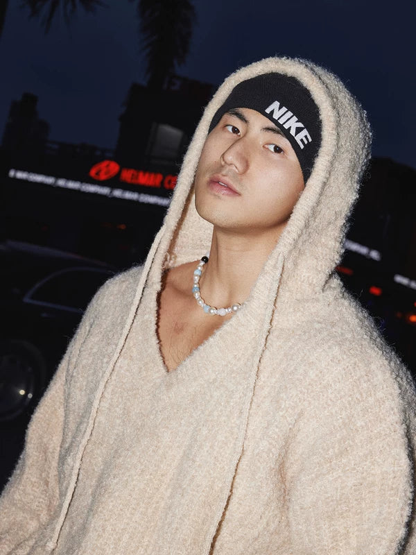 Loose Retro V-Neck Knitted Hooded Sweater 5